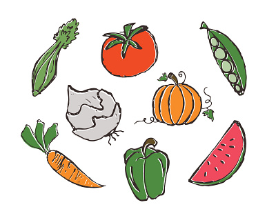Fruit & Veggies carrot food fruit illustration onion outline peas pepper pumpkin tomato vegetables watermelon