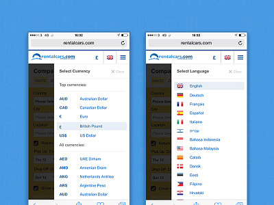 rentalcars.com Currency & Language Drawer currency drawer language mobile navigation sidebar