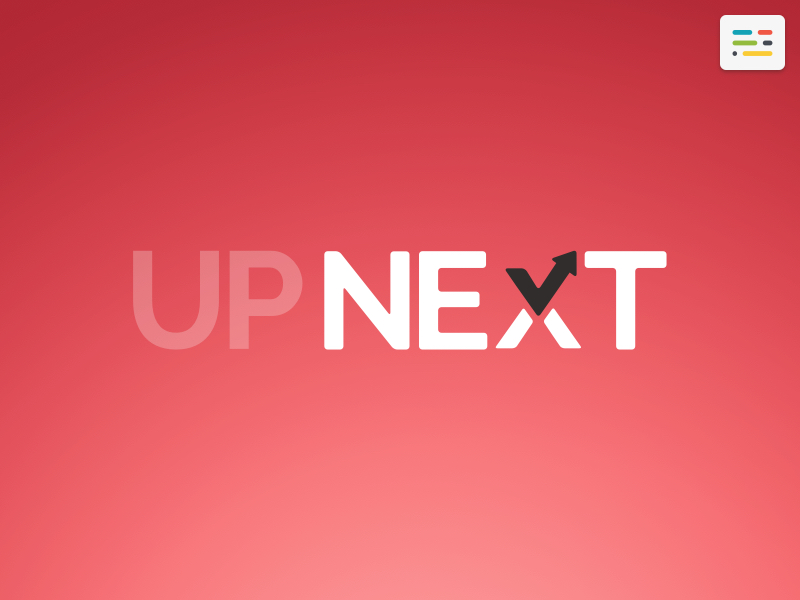 Up Next Logo: Red arrow assembly check checkmark done gradient logo next red task to do