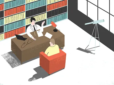 Doctor Visit book conversation desk medical meeting shelves stethoscope telescope