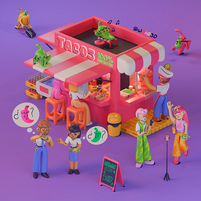 Gentrified tacos! 3d bench blender character chilli chillis food illustration international mexican modeling streetfood tacos