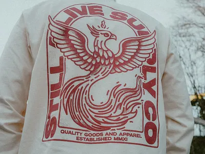 Dead Drop 002 apparel design bird illustration brand fire flames graphic design illustration line illustration old school design phoenix screenprinting seattle still alive supply co stippling streetwear tattoo design