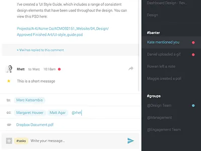 Task conversation attachment carbon copy channels conversation hashtag keyword notifications project management sticky note text input ui ux
