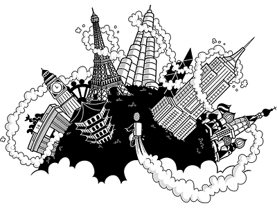 Around the World building globe illustration jetpack landmarks vector