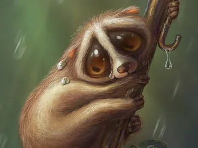 Slow loris with a tiny umbrella animal character drop ilustration loris rain slow tears tree