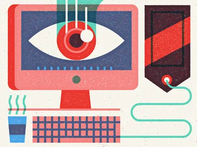 We're watching... coffee computer editorial eye illustration keyboard mac screen tag tech texture vector