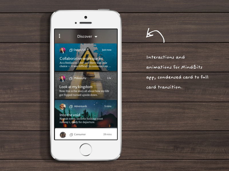 Mindbits Animation app article cards design gravita materialdesign ui ux