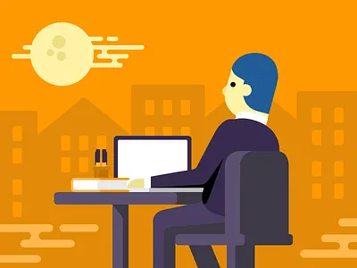 Work at night city flat illustration laptop man moon night workplace