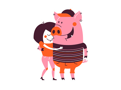 Modern romance animal character couple cute girl hug illustration love pig