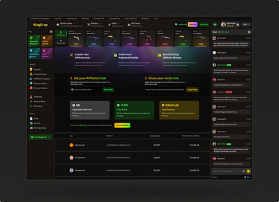 KingDrop Affiliate Dashboard UI – Sleek & Engaging affiliate dashboard affiliate earning blockchain casino ui dashboard gambling mystery boxes ui ui design user engagement ux web design