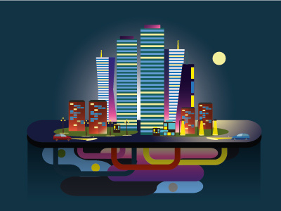 City. city house illustration light moon night office road skyscrapers travel trend urban