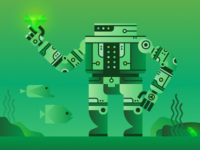 Robot Treasure Hunter character deep sea fish gem green illustration robot sci fi science fiction technology treasure underwater