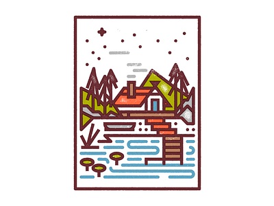 Cabin Fever cabin canoe lake monoline overprint rocks stars texture trees vector