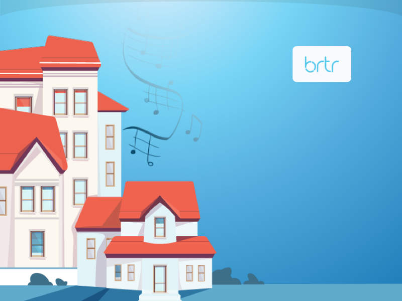 Brtr Neighbourhood Two apartment building door header houses music musical note neighbourhood red roof town window