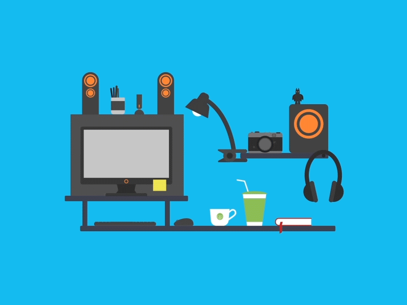 Showreel intro after effects animation batman camera computer desk gif hedphones illustration motion reel speaker