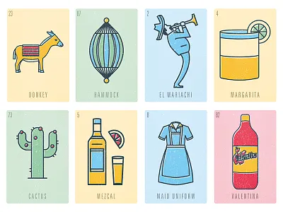 Lotería cactus donkey hammock icons maid margarita mariachi mexico mezcal salsa valentina