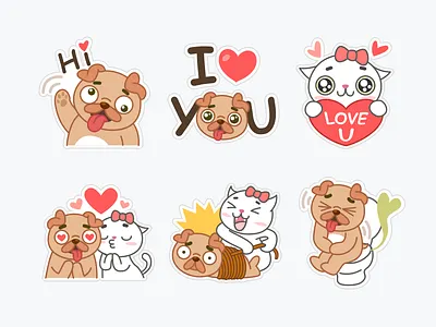 pug and cat cat couple emoji love pink pug red