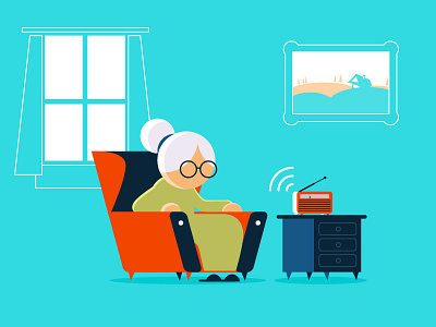 Radio animation grandma granny listen old radio retro