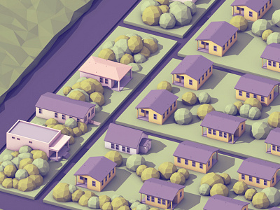 Town 3d c4d cinema 4d home homes houses lowpoly neighborhood render roads town trees