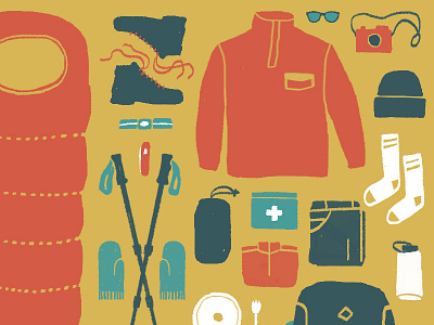 Pack check. backpacking climbing gear green hiking illustration mountaineering orange red