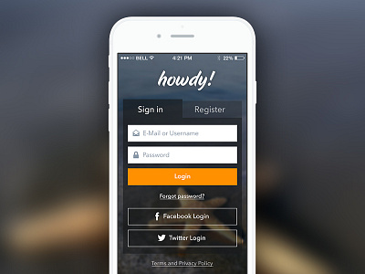 Login Screen - iPhone App app blur buttons design facebook form interface login photo register twitter ui