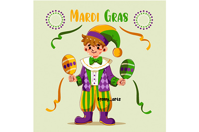 Mardi Gras with Colorful Jester Character Juggling Props background carnaval carnival celebration cheering dance entertainment event feast festival festive jester mask masking masquerade music parade party show showing