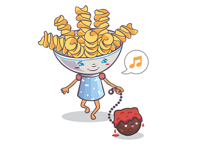 Fussy-Lee the Fusilli Bowl character illustration meatball pasta pet vector walk