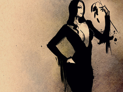 Morticia Pinup Sketch addams family goth ink wash