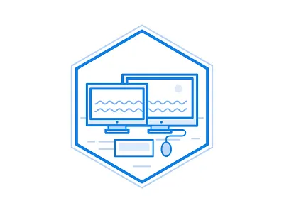 Custom Work Stations badge blue desk screen sea