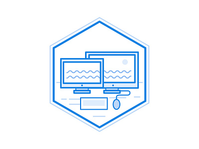 Custom Work Stations badge blue desk screen sea