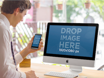 iMac and HTC One by a Window at the Office android mockups app marketing app marketing tools apple device htc mockups htc one imac mockups startup marketing