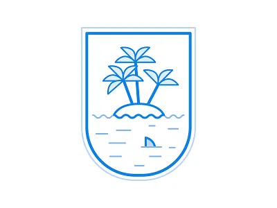Flexible Vacation Time badge blue island palm trees sea shark