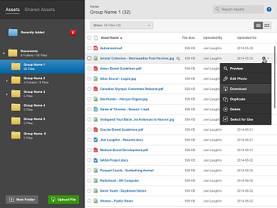 Assets - List View actions assets doc document file folder hover list manager toggle tree