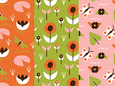 three patterns floral flowers green illustration leaves nature orange pattern pink plants retro