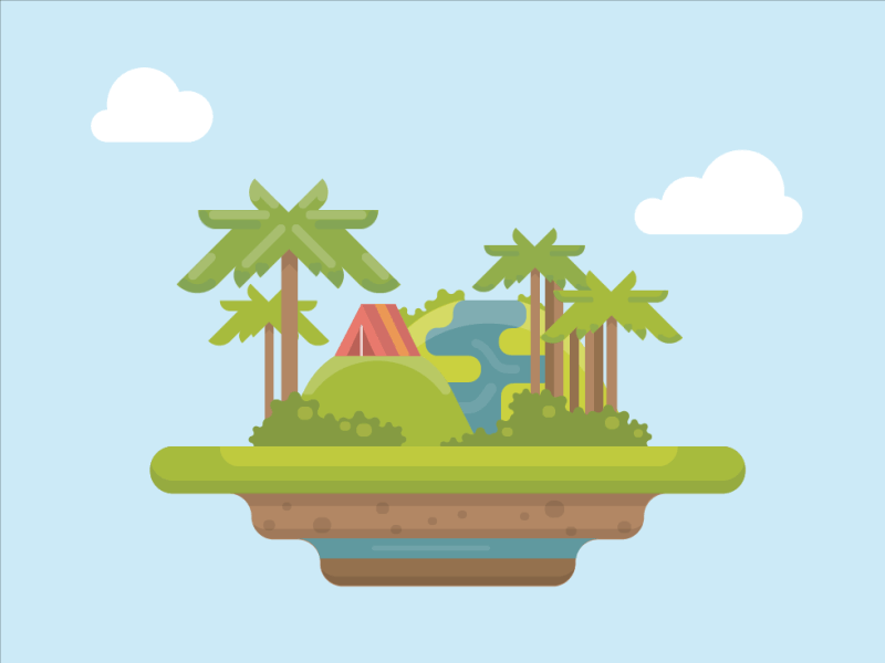 Paradise Island cheerful flat green illustrator island palm trees paradise podchakha tent travel vacation waterfall