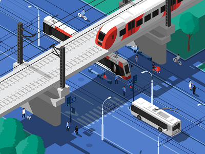 Сity. Isometric. blue bus city illustration isometric people road train tram transport