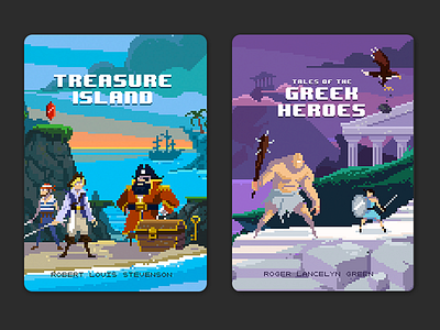 Puffin Pixels covers - Treasure Island and Greek Heroes book book cover greek heroes island pixel pixel art pixels puffin treasure