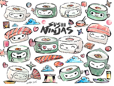 SUSHI NINJAS art character cute design doodle food happy japan ninjas sashimi scribble sushi