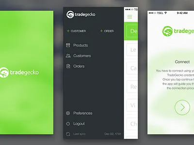 Mobile sales app dark grey green menu navigation tradegecko white