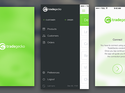 Mobile sales app dark grey green menu navigation tradegecko white