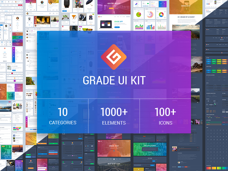 Grade UI Kit blog dashboard ecommerce footer gradient header interface logo menu navigation social ui