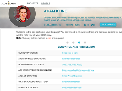 Authors.me Writer Edit View authors bio edit profile ui ux writers