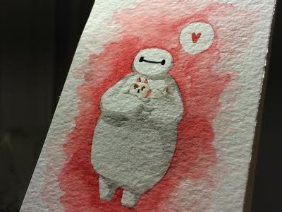 Baymax x Puppycat card illustration watercolour