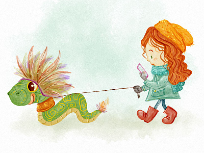 Quetzalcoatl cartoon character children book creature cute drawing girl illustration juvenile kidlitart quetzalcoatl watercolor