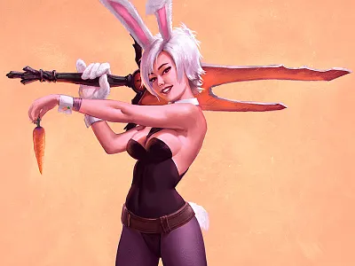 Battle Bunny Easter Greetings (Elvgren Tribute) battle bunny carrot elvgren fanart league of legends lol mashup pinup style study