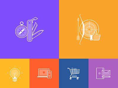 Icon set for IDM agency site branding compass design icon idea knife lightbulb notebook shopping swiss target web