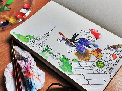 Kiki brush cat gift green kiki kiki delivery service micron moleskin sketch smile wash watercolor