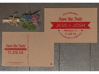 Save The Date chip board kraft paper postcard red save the date screen print silkscreen wedding