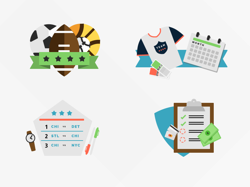 TIIX Illustrations baseball basketball calendar colors flat football illustrations jersey money soccer sports tickets