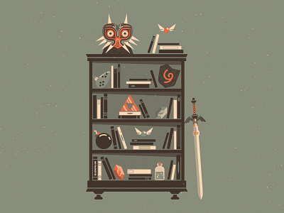 Legend of Zelda | Miyamoto Shelf artwork bomb book shelf deku sheild illustration legend of zelda majoras mask master sword miyamoto ocarina of time rupee triforce